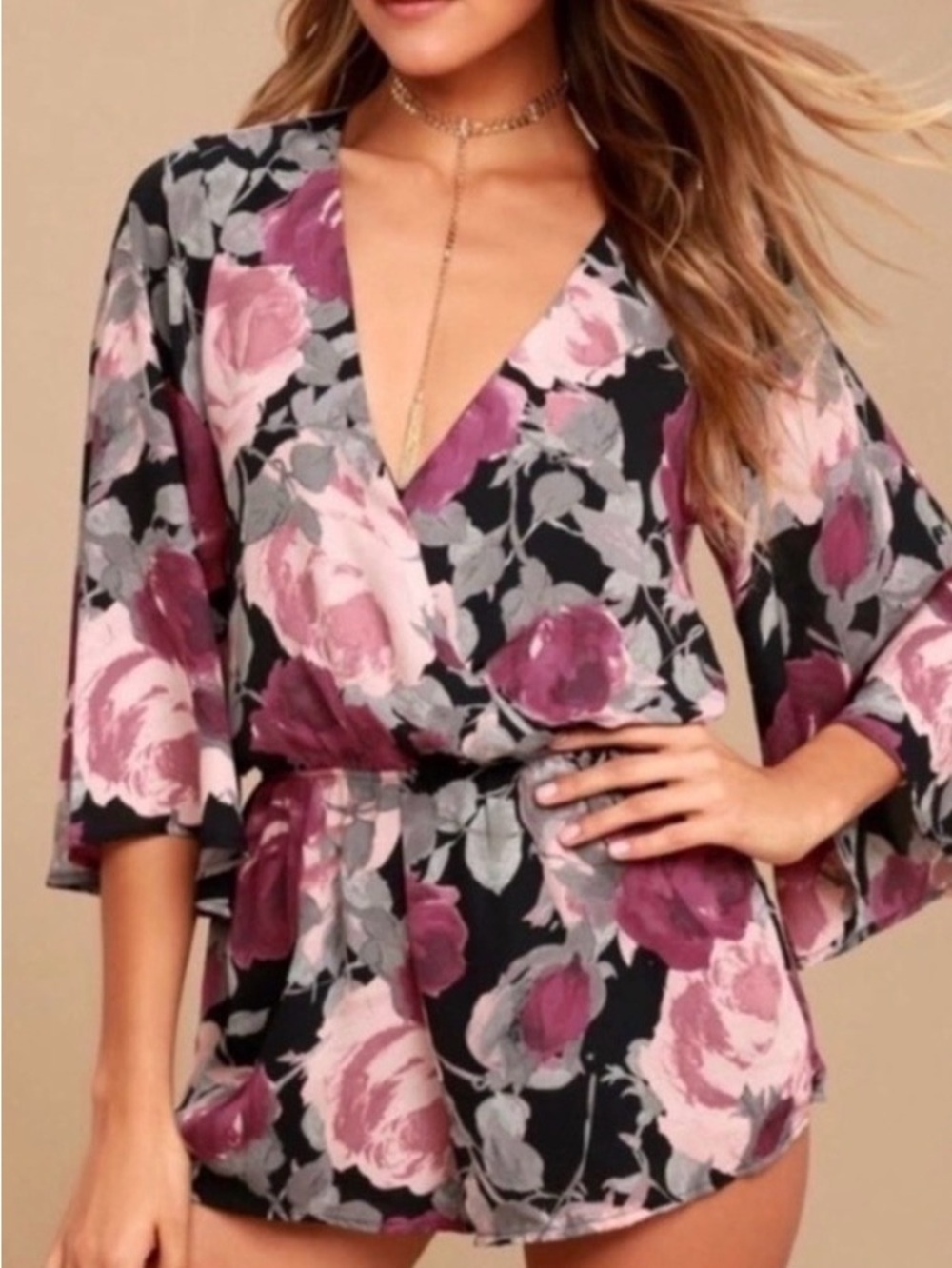 Lulus Black Mauve Floral V-Neck Jumpsuit Romper Pockets Bell sleeves. Size Small